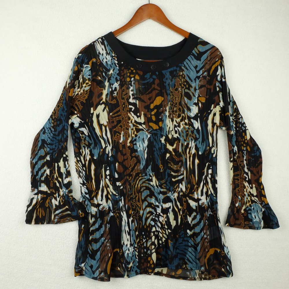 Vintage Womens Shirt Top Large Blue Brown Sheer Geometric Funky Lightweight 90s